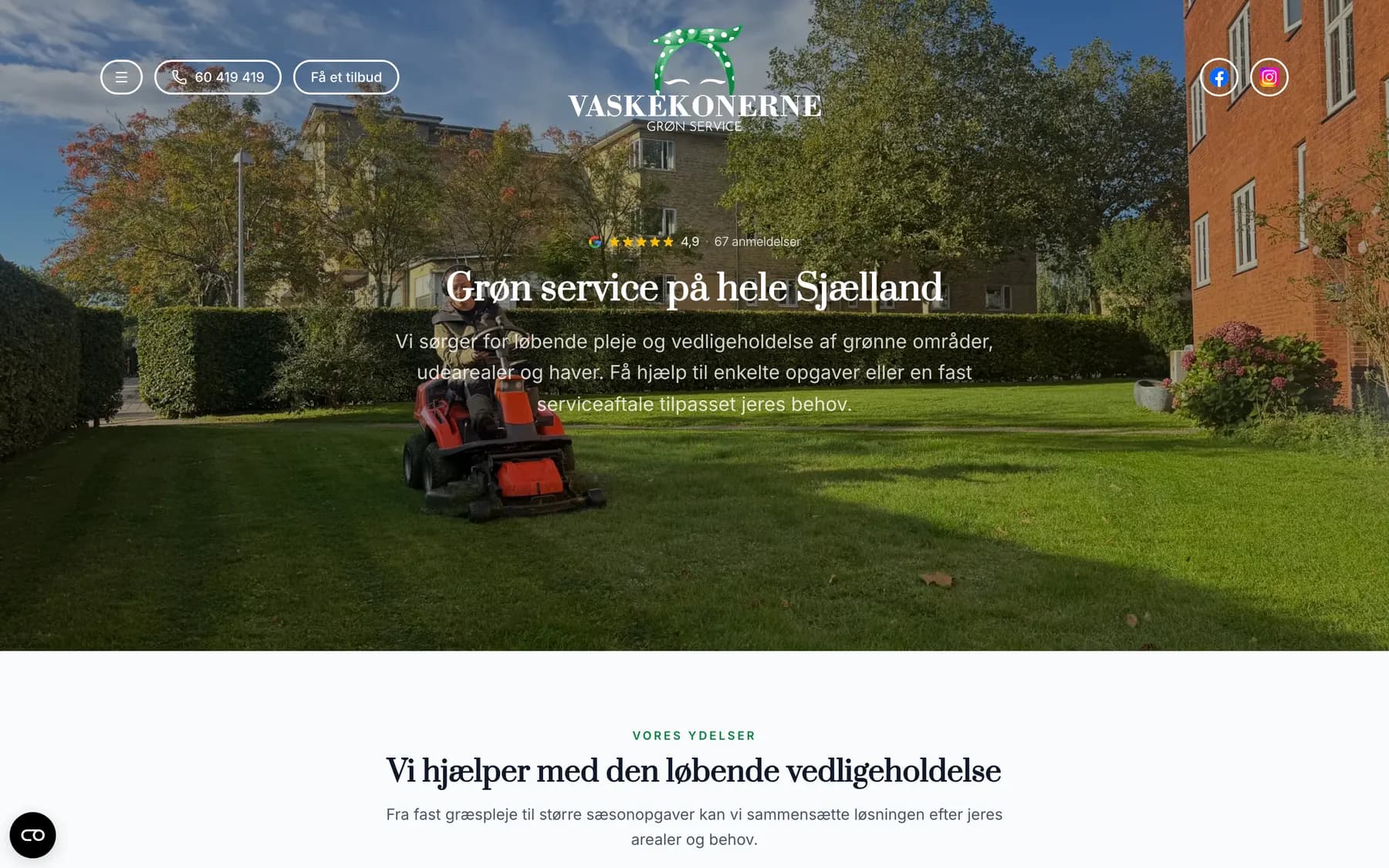 Vaskekonerne Grøn Service — Skærmbillede fra det live site